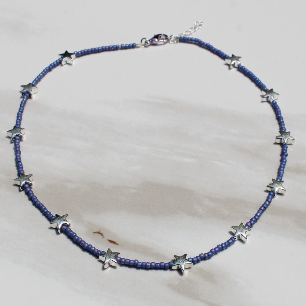 Silver Star and Blue Seed Bead Choker Necklace